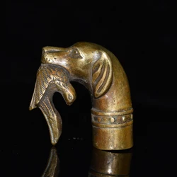 Old Chinese Old BRASS Hand Carved Dog Bitten Birds Statue Cane Walking Stick Head