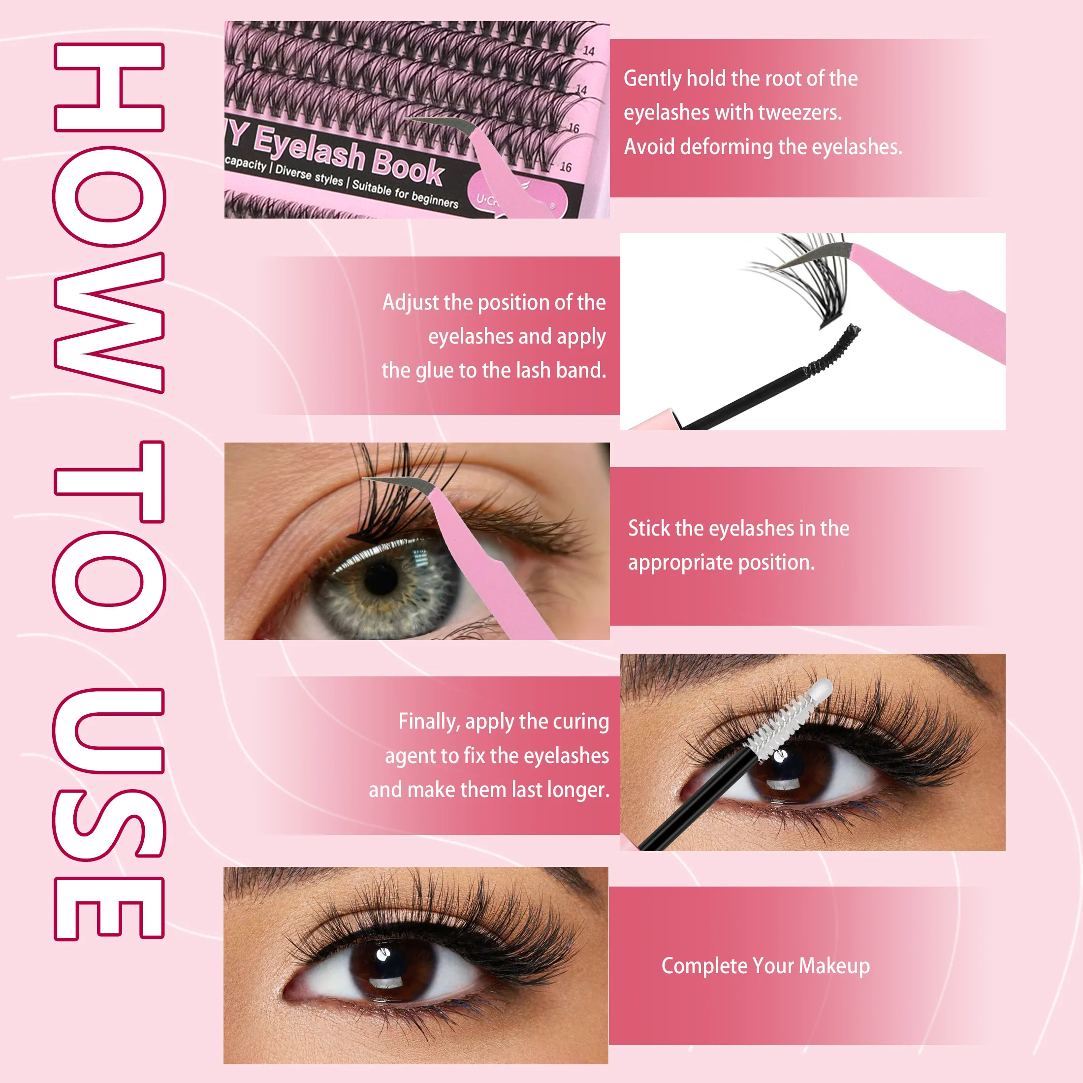 مجموعة رموش صناعية ذاتية الصنع بسعة كبيرة 3040506080 كتاب رموش عنقودية مع ملقط مزيل الصمغ في المنزل للمكياج المبتدئ