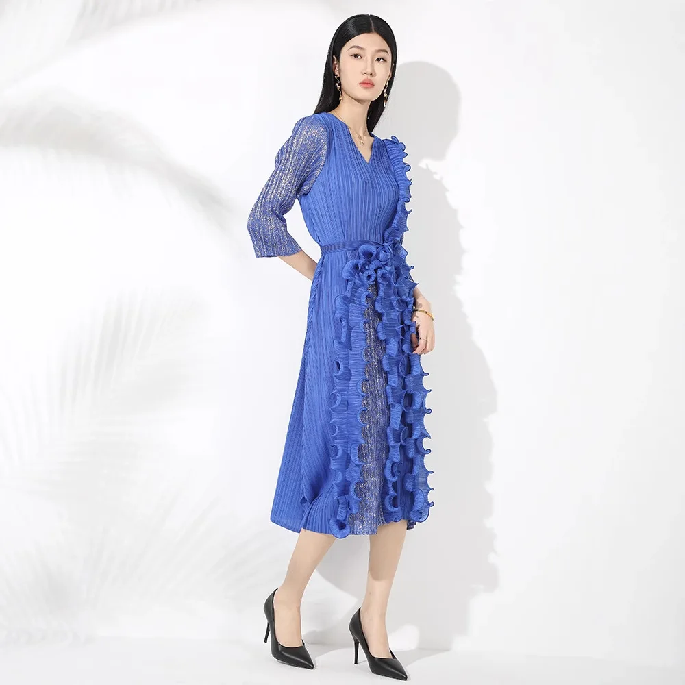 プリーツオーラエンボスVネックレディースドレス,シック,フリルトリム,ウエスト,ルーズ,ミヤケ服,春,新しいコレクション,2022