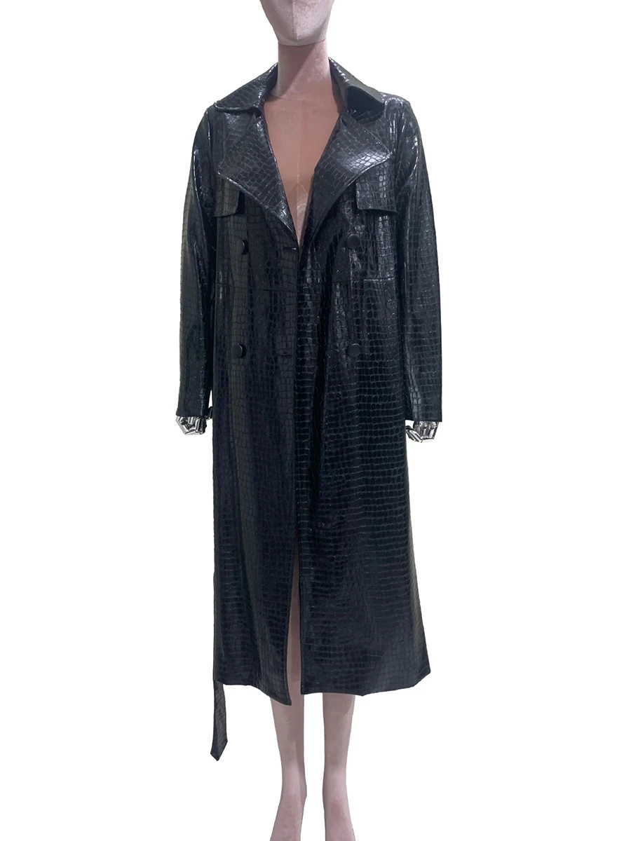 

Autumn Long Shiny Crocodile Print Pu Leather Trench Coat for Women Belt Double Breasted Luxury Designer European Fashion Clothes