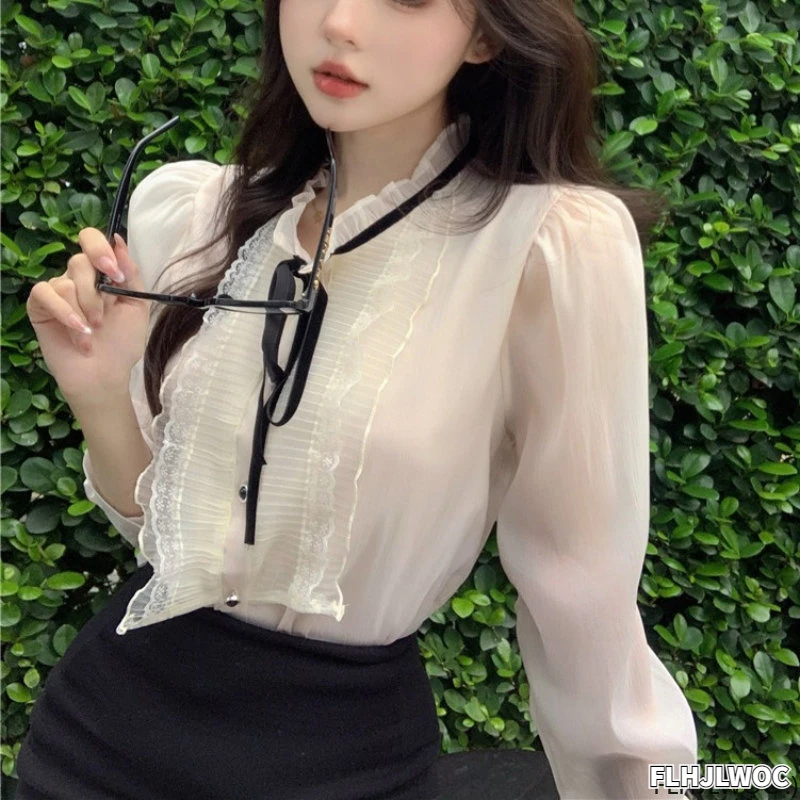 2023 Romantic Girls Basic Shirts Blouses Women Fashion Long Sleeve Elegant Office Lady Work Solid Ruffled Chic Tops Blusas