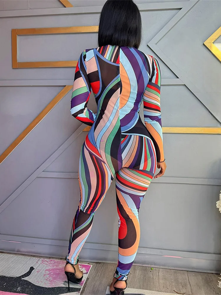 

InGrily Stretch Spring Sexy Jumpsuit Women Colorful Print Zip Y2K Full Sleeve O-Neck Turtleneck Trend Skinny Workout Overalls