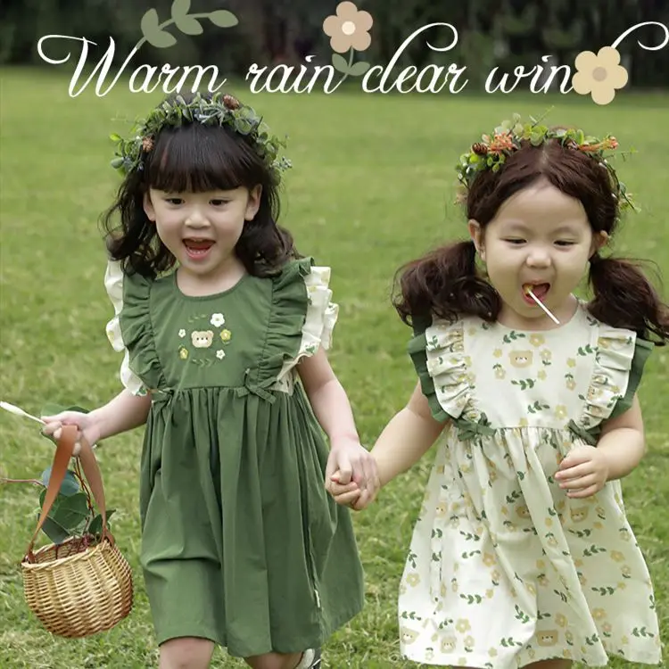 Girl Summer Dress New Fashion Embroidery Flying Sleeve Children Bow Princess Dress Girl One Piece Dress Printed Skirt