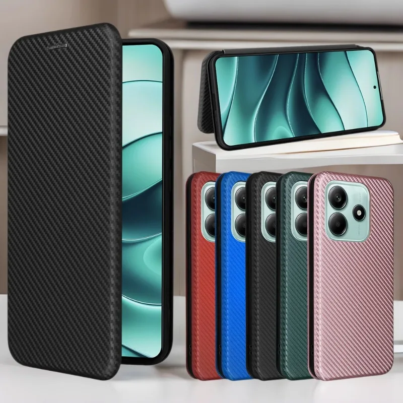 

Для Redmi note14 4G чехол из углеродного волокна, откидная кожаная деловая магнитная подставка-держатель, слот для карт, противоударный чехол
