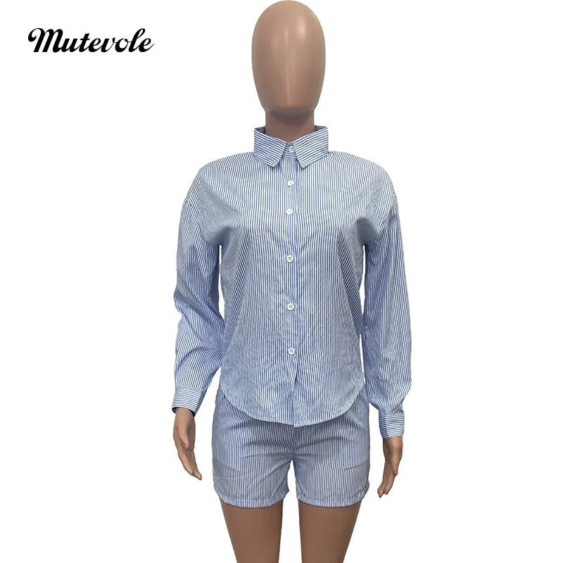 Mutevole Striped Two Piece Outfit Set Women Turn Down Collar Button Shirts Pocket Shorts