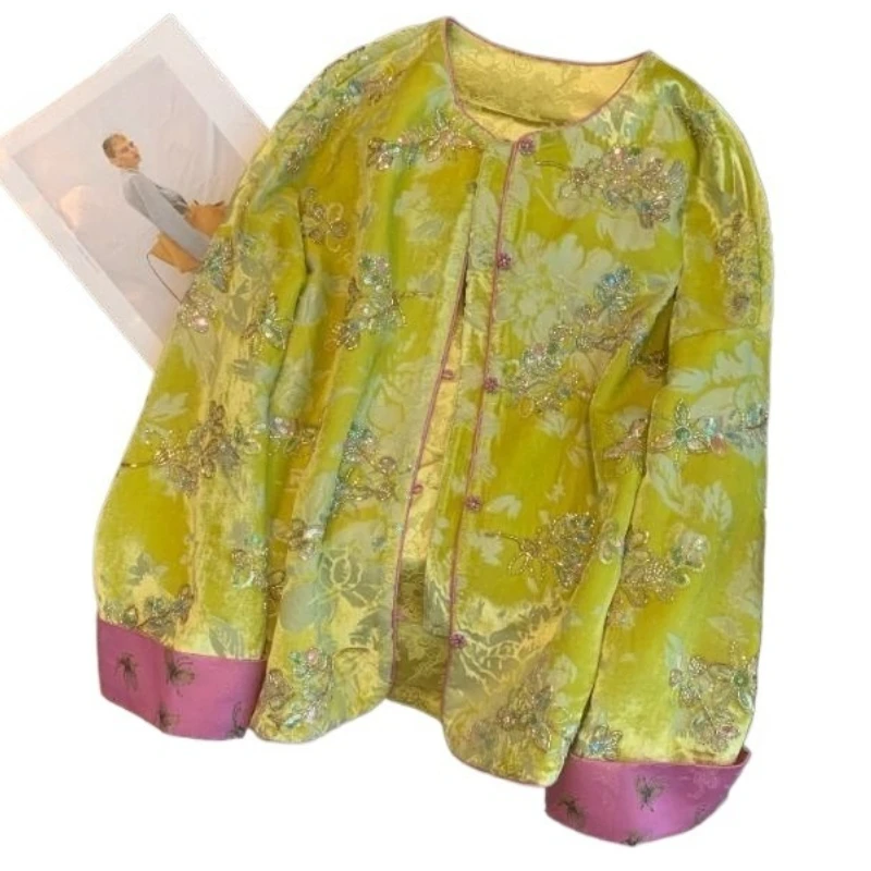 

New Chinese Style Advanced Heavy Industry Sequined Embroidered Round Neck Cotton Jacket Light Luxury Retro Embroidered Top Women