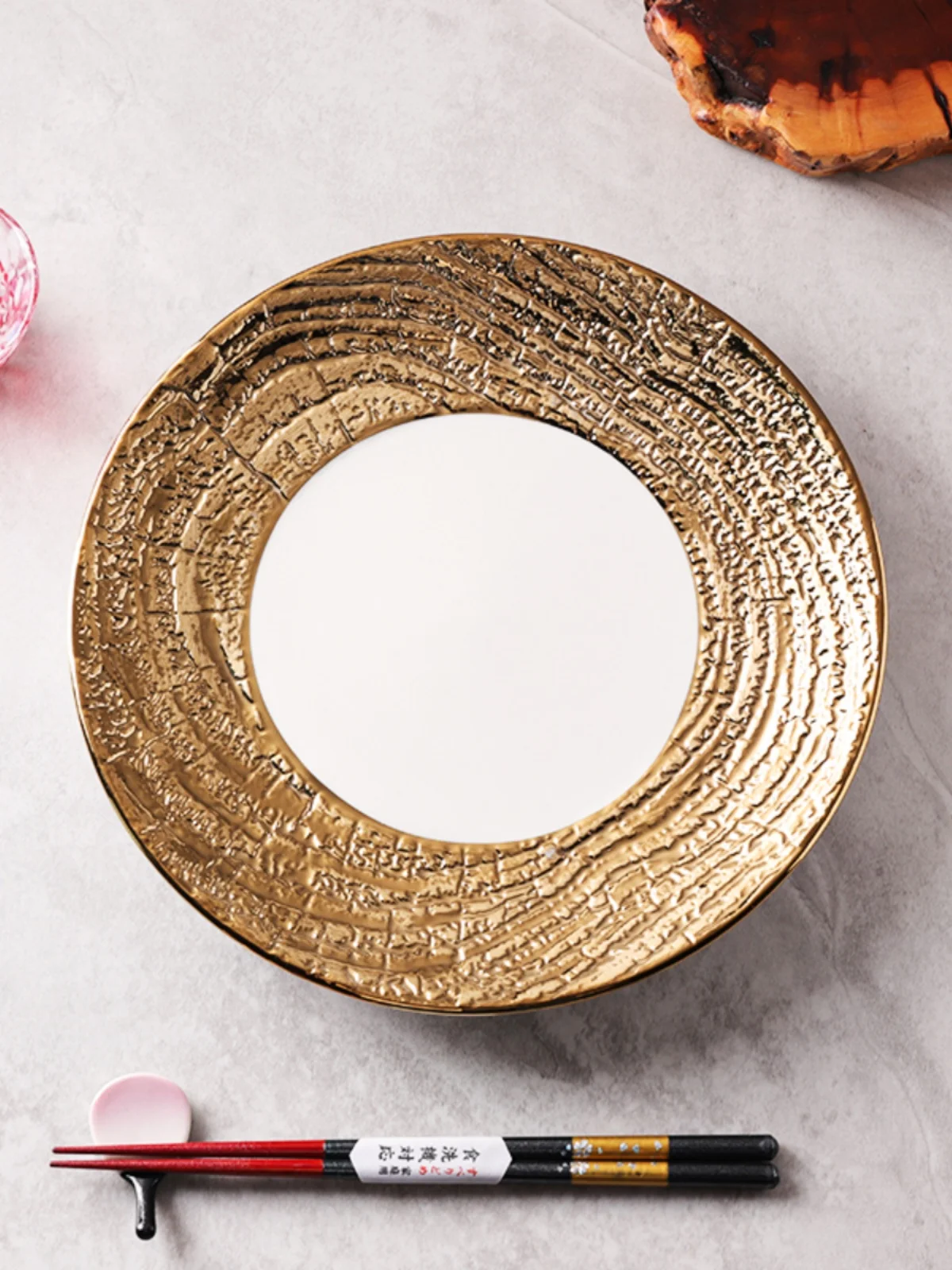 Utensilios de Comedor Creativos Cerc, Bandeja Redonda Anular Chapada en Oro Estilo Japonés, Plato para Pastel, Plato para Barbacoa de Hotel, Plato para Servir