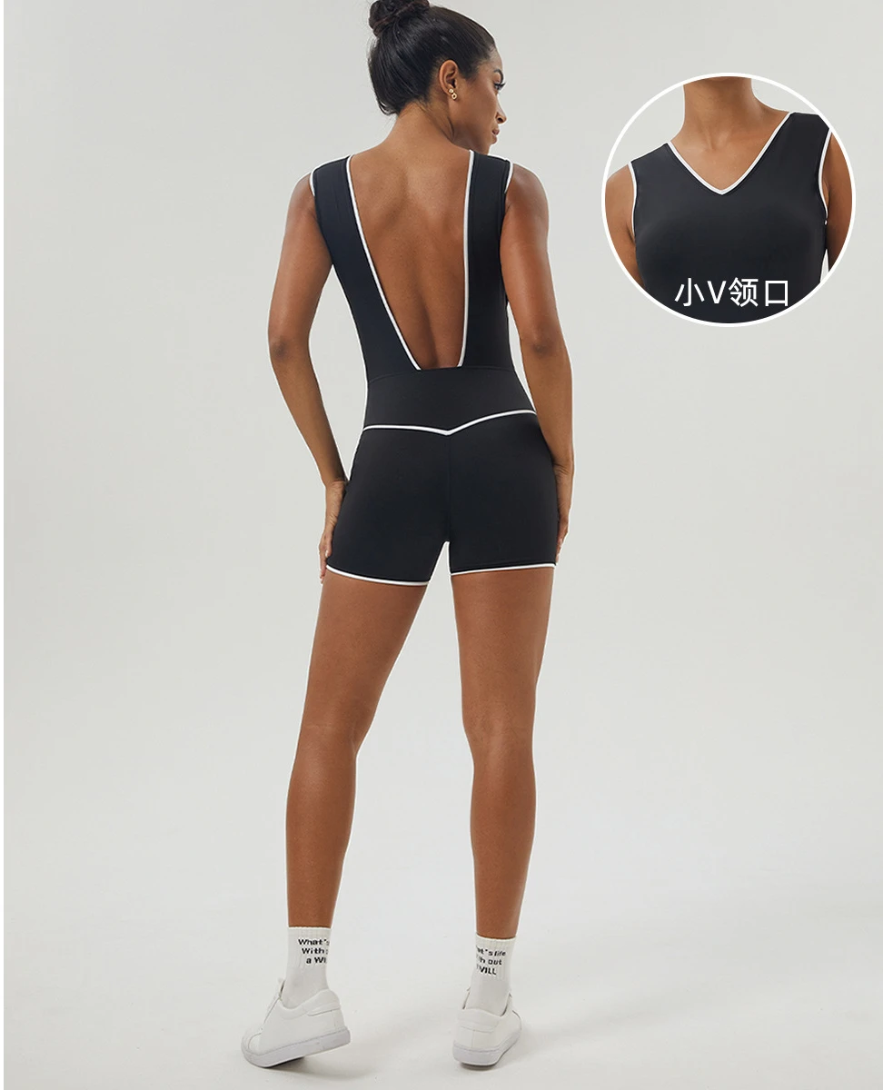 

Fitness Jumpsuit Women's Big Backless Color Matching Yoga Onesie V-shaped Hip Lift Onesie Shorts Sports Fitness Suit Chest Pad