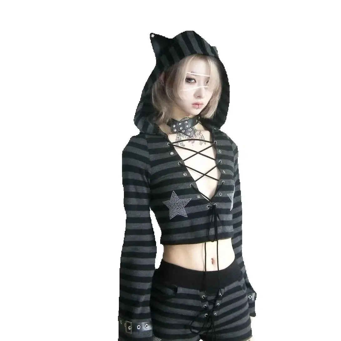 

Autumn Long-Sleeved Sweatshirt T-Shirt Hot Girl Hollow Niche Top Women Cat Ears Striped Contrast Color Versatile Short Top