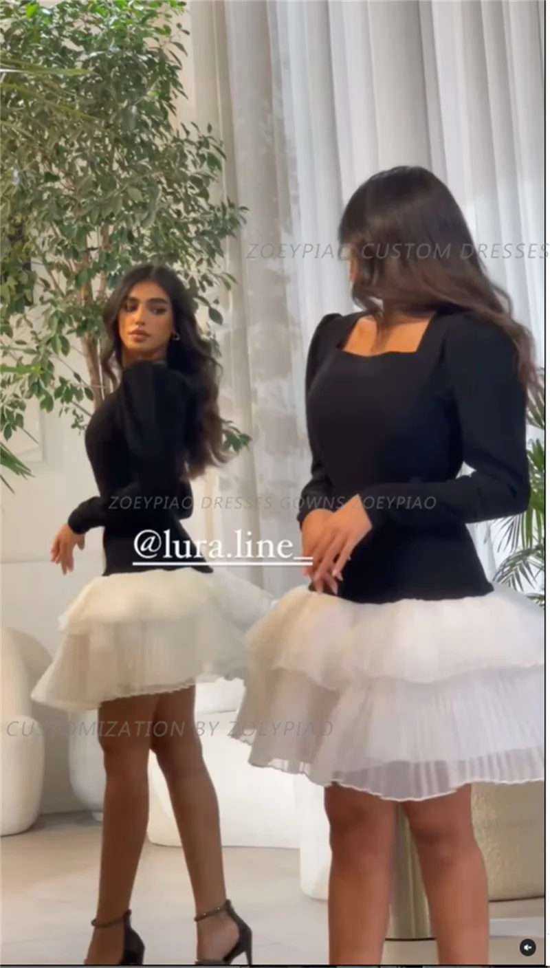 Gaun Prom berjenjang pendek hitam/putih gaun malam Formal sederhana Lengan penuh gaun pesta pernikahan Organza vestidos de gala