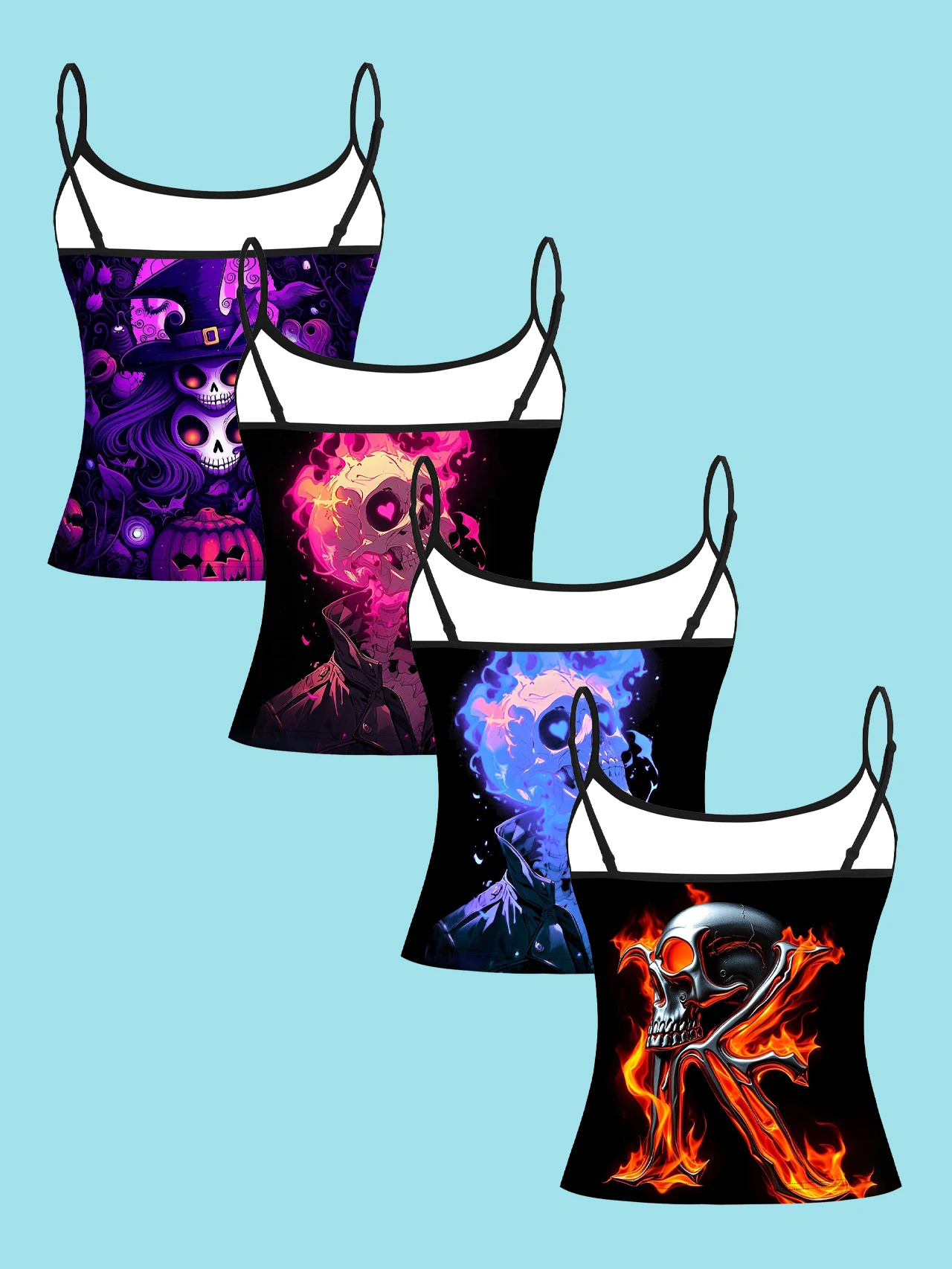 4-Piece Set of Neon Flame Skull Halloween Witch Pumpkin Print Camisole Tops for Women, Trendy Dark Style Spaghetti Strap Slim-Fit Inner Wear Tops