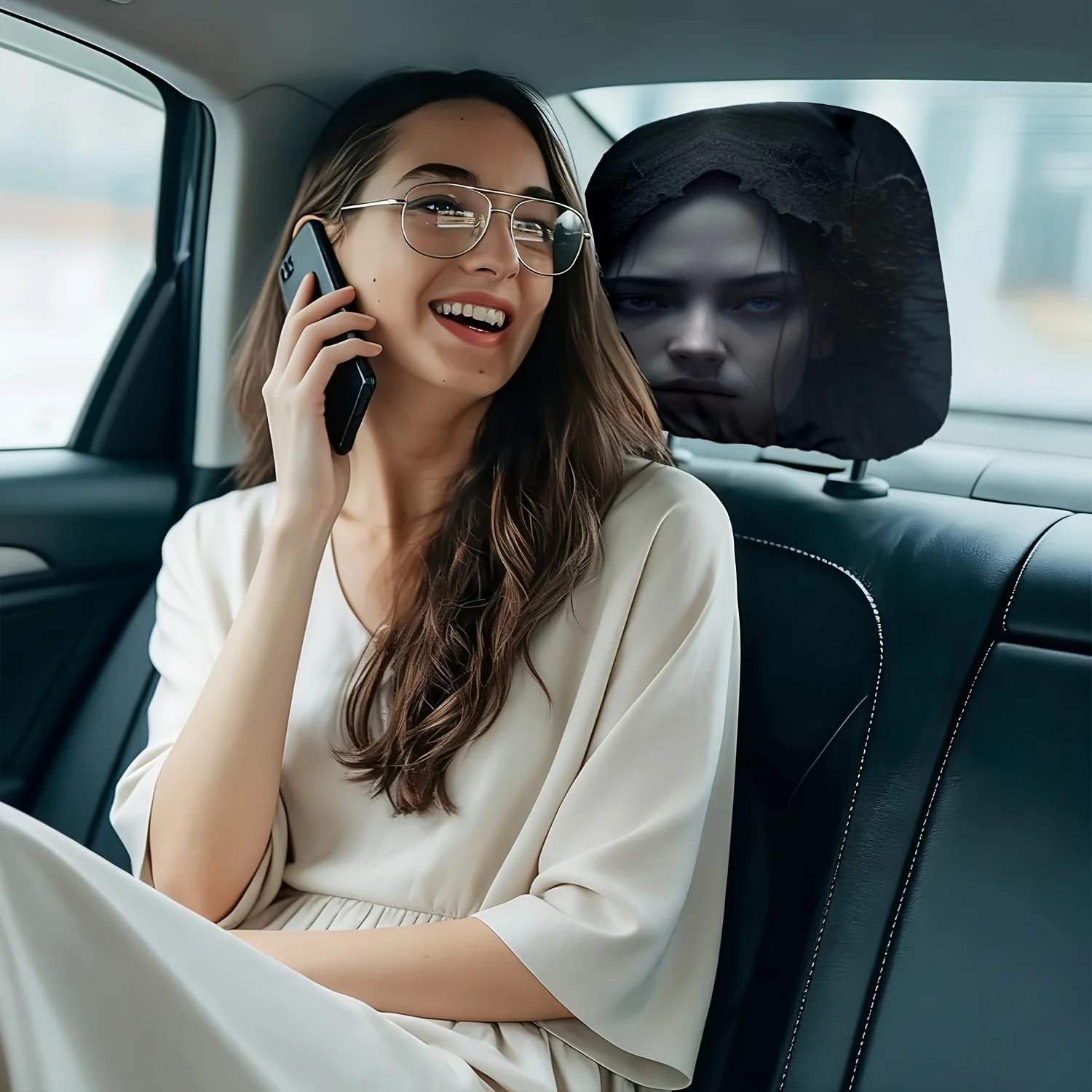 Mysterious Woman Blue Eyes Headrest Covers, Easy To Install & Remove, Protective Car Headrest Covers
