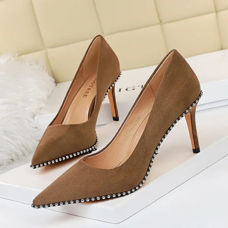 

Women's Wedding Heels Bridal Shoes High Heel Suede Shallow Mouth Pointed Metal Bead Nightclub Sexy Classic Ladies Single Shoe