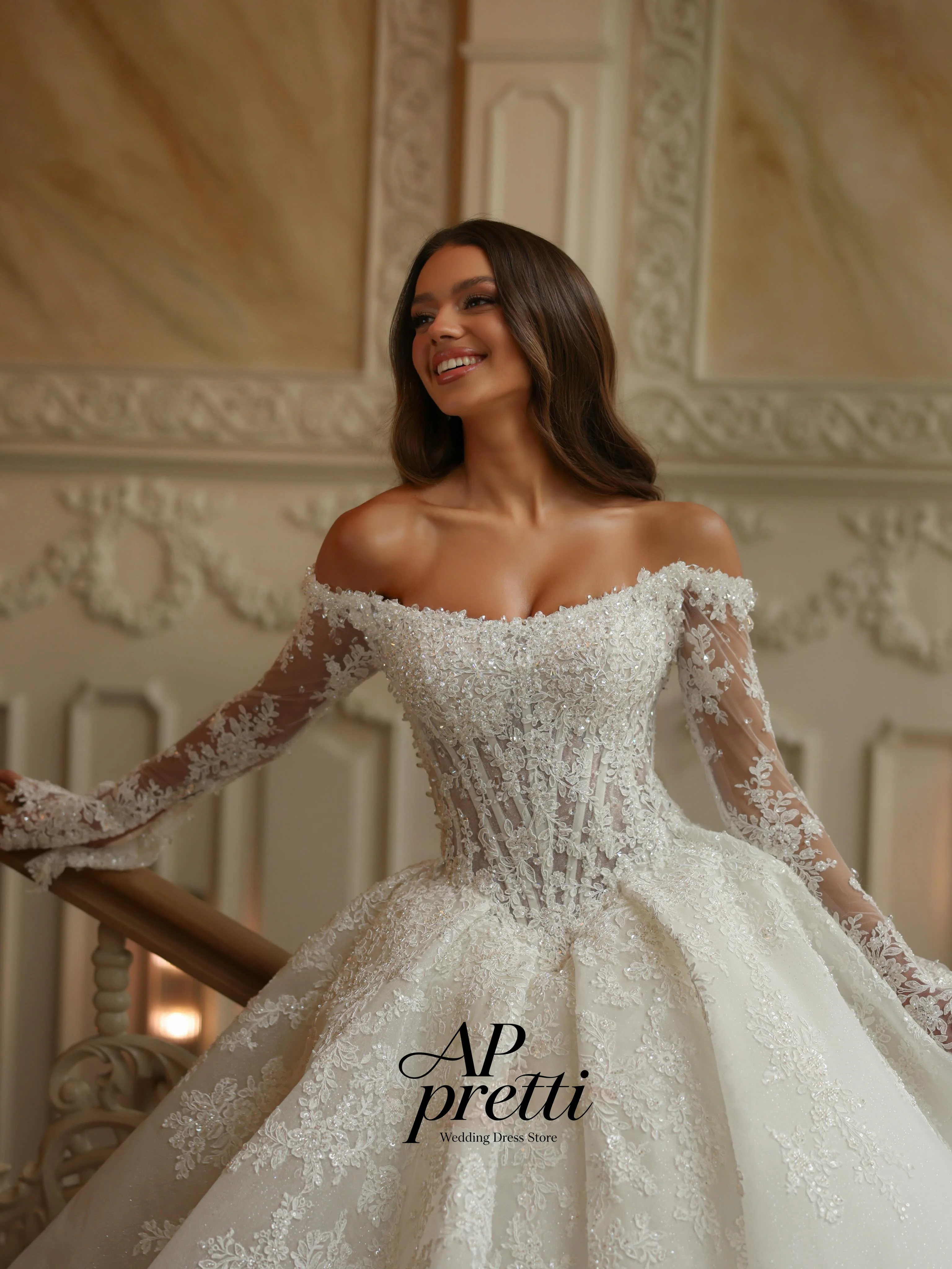 AP pretti Fabulous Lace Wedding Dress For Women Applique One Line Customized Floor-Length Bridal Gown Robe De Mariée Full Sleeve