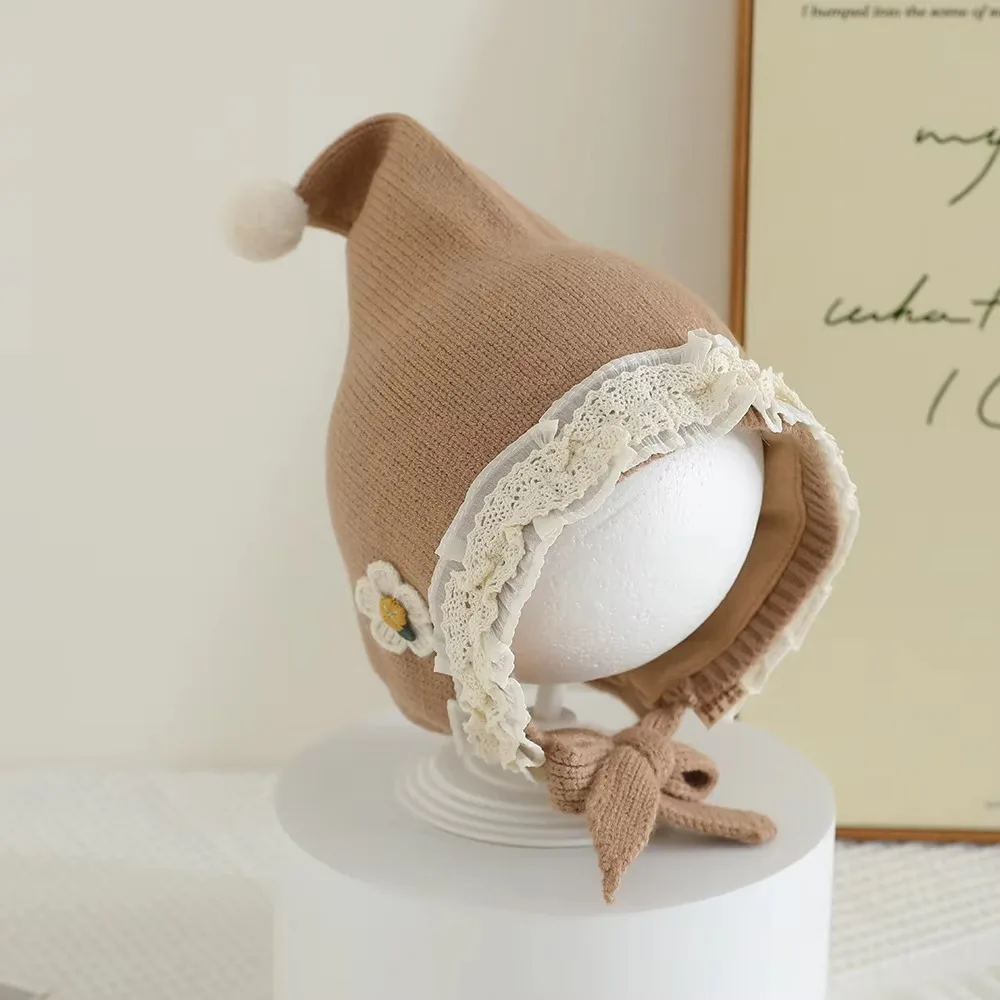 

New Flowers Baby Knitted Hat with Lace Brim Cold-proof Kids Ear Protection Cap Thickened Windproof Infant Cap Winter