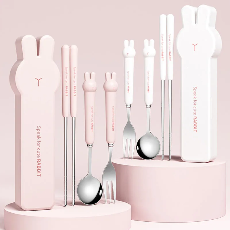 3pcs Kawaii Rabbit Cutlery Set Stainless Steel Fork Spoon Knife with Box Dinnerware Tableware Silverware Lunch Bento Accessories