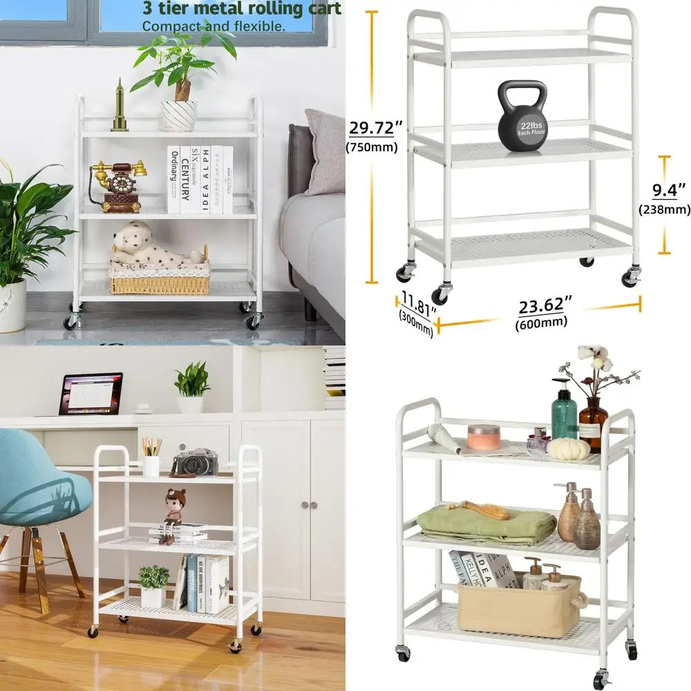 

3-Tier Mesh Rolling Cart, 40 lbs Capacity Per Shelf, Lockable Wheels, White - Ideal for Home, Office, Kitchen, and Bathroom