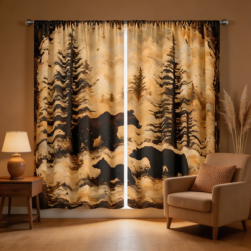 2 pieces of vintage wild bear pattern printed curtains with pole bag design, suitable for bedrooms and living rooms