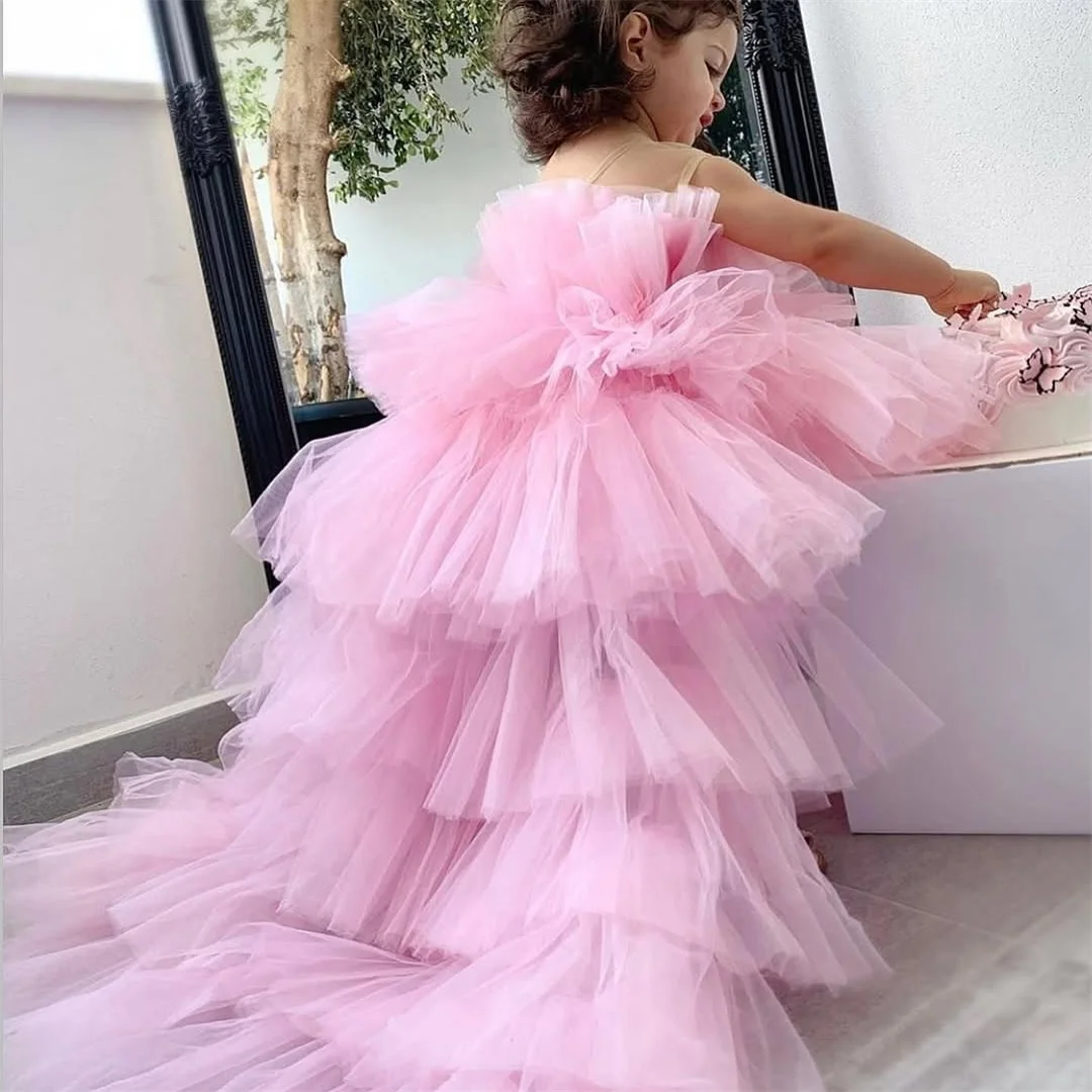 

Customized High Pink Low Princess Wer Girl Dresses For Wedding Sheer Jewel Necke Toddler Pageant Gowns Tulle Tiered Birthday