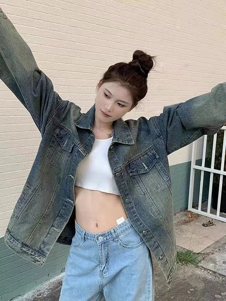 Giacca di jeans da donna con strass effetto lavato vintage - Capispalla moda primavera/autunno stile abbigliamento da lavoro casual vestibilità ampia