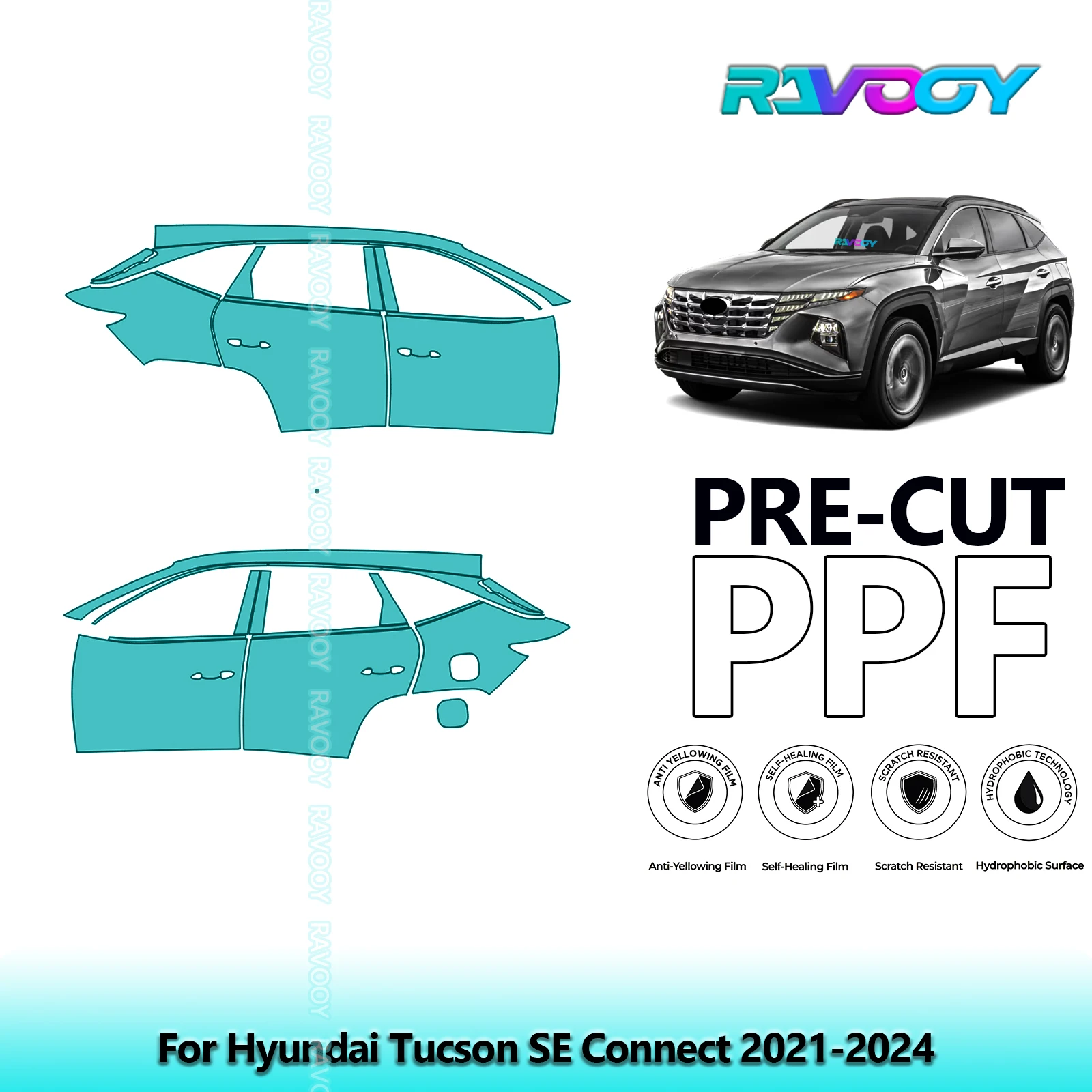 

For Hyundai Tucson SE Connect 2021-2024 8.5mil Clear Matte Pre-Cut PPF Door & A/B Pillar Kit TPU Paint Protection Film Set