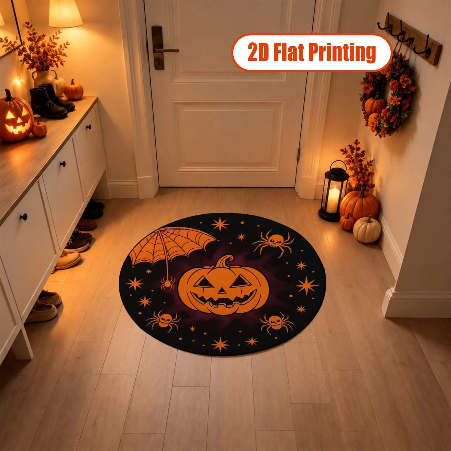 Halloween Jack-o'-lantern Spiders Bat Pattern Round Velvet Area Rug, Soft Plush Machine Washable Floor Mat, Ideal for Living Room, Bedroom, Entryway Decor, Perfect for Halloween, Thanksgiving, Christmas, Black Friday, New Year Celebrations