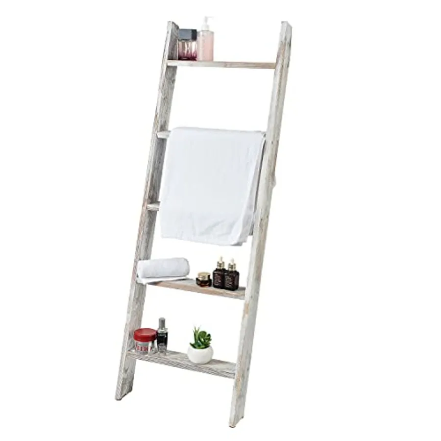 

Rustic 5-Tier Wall-Leaning Wood Loadder Towel Racks for Bathroom Livingroom Kithen Office Woden Farmhouse Ladder-Style Blanket