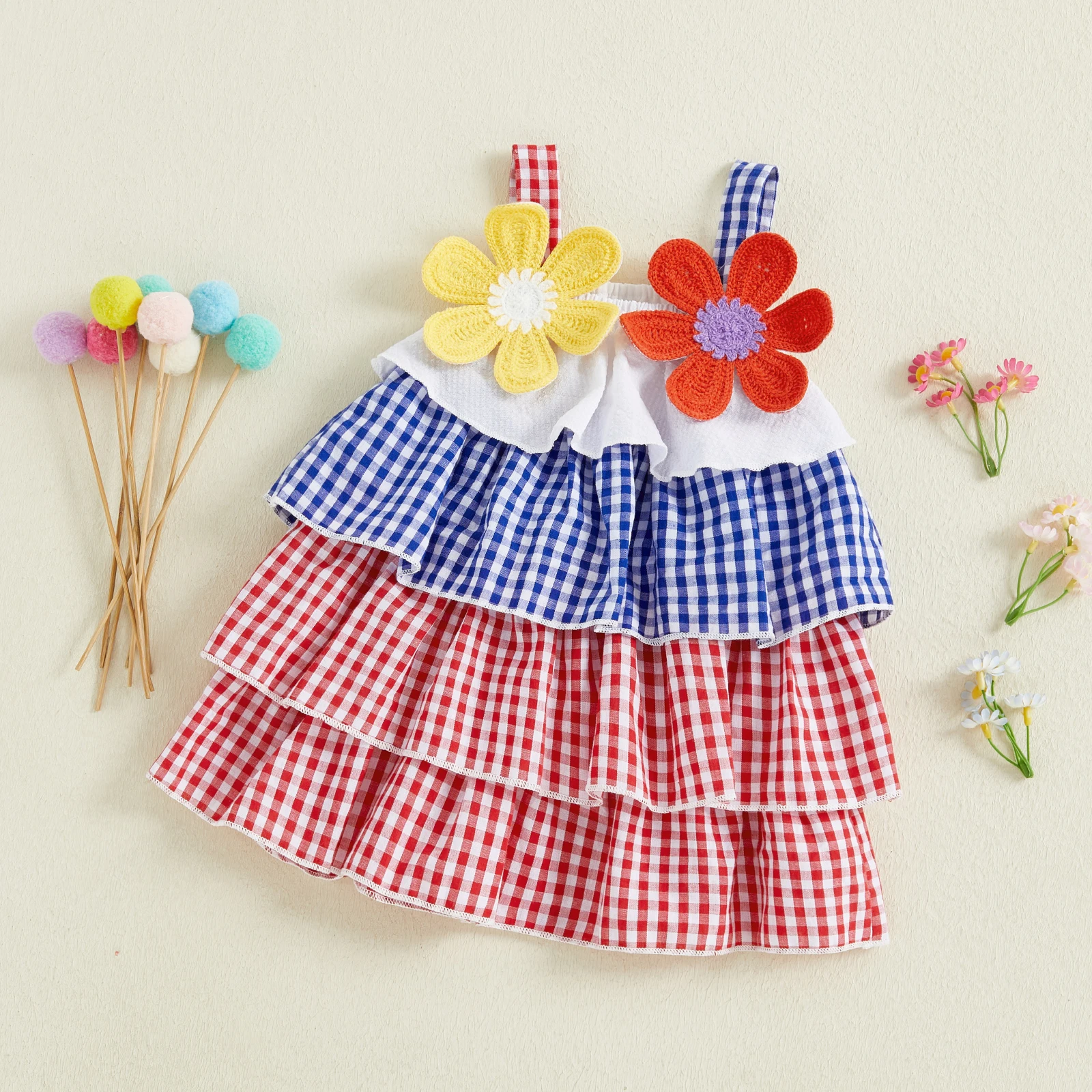 Summer Toddler Kids Baby Girls Casual Dresses Princess Plaid Print Sleeveess 3D Flower Strap Layered Party Dress Sundress