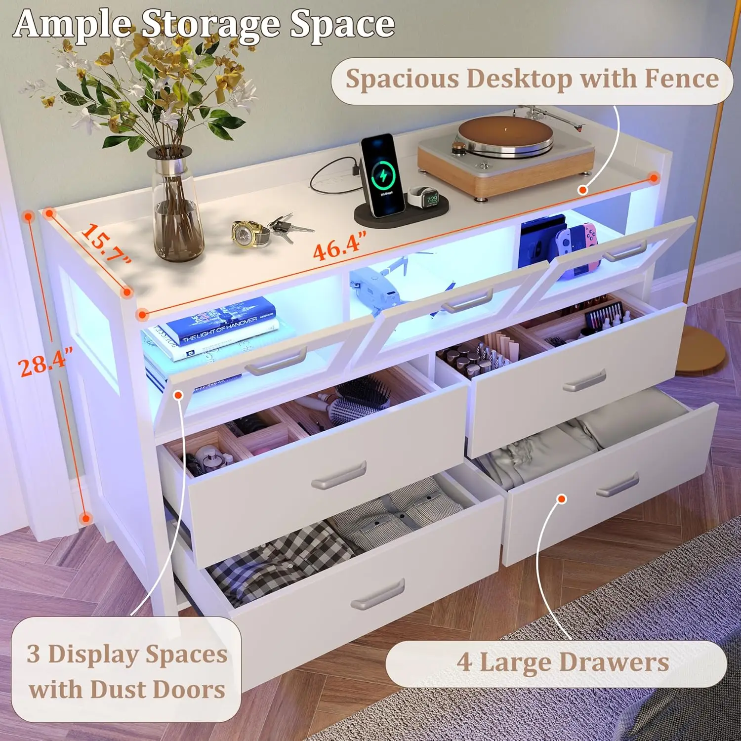 Tocador blanco para dormitorio, 7 cajones, luces Led y estación de carga, 3 visuales