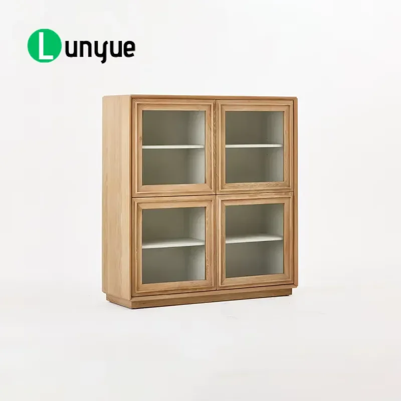 Custom Modern Minimalist Square Glass Display Cabinet Smoked Grey Oak Wood Storage Furniture for Living Room Home Decor