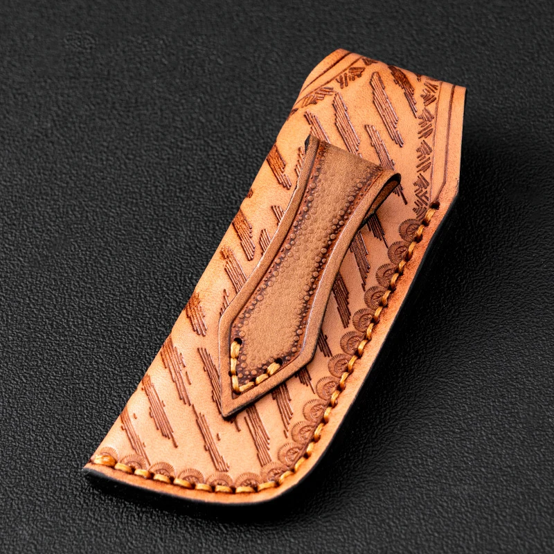 Rindsleder geschnitzte EDC Messerabdeckung multifunktionale handgemachte Messer Lederabdeckung Outdoor tragbare Klappmesserhülle, 1 Stück