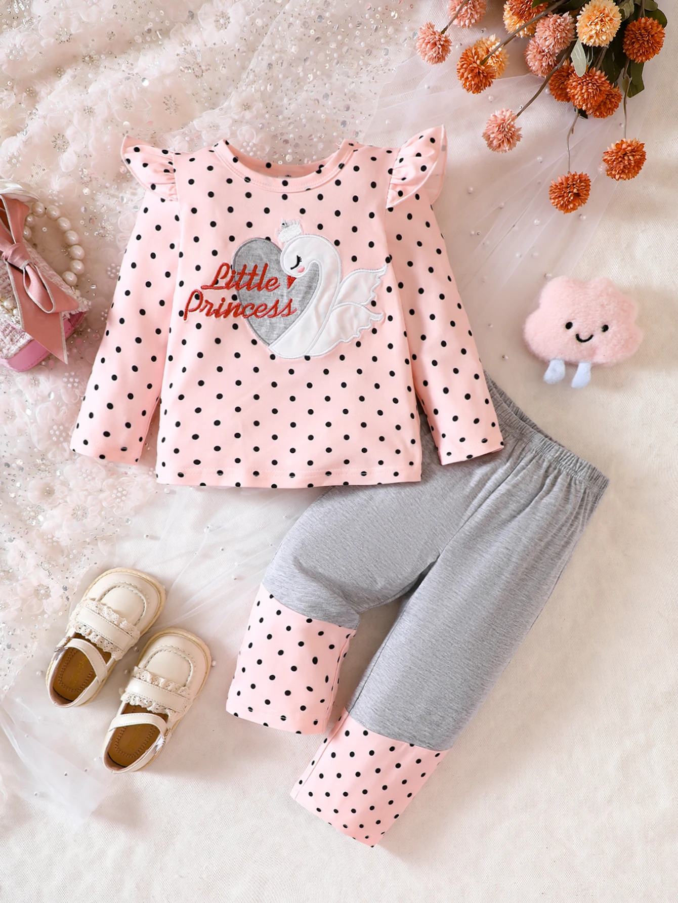 Early Spring Girls Set Round Neck Long Sleeve Letter Dot Heart White Swan Top Fashion Pants Foreign Style Infant Children