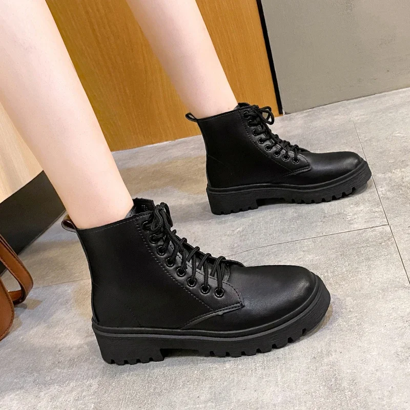 Size 42 Women Motorcycle Ankle Boots Wedges Female Lace Up Platforms Black Shoes Woman Botas Mujer