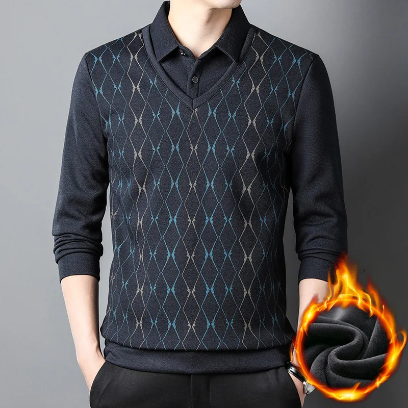 Long Sleeve Fleece T-shirt Fall and Winter Inner Wear Fake Two-Piece Thickened Thermal Bottoming Shirt Lapel Men's Top