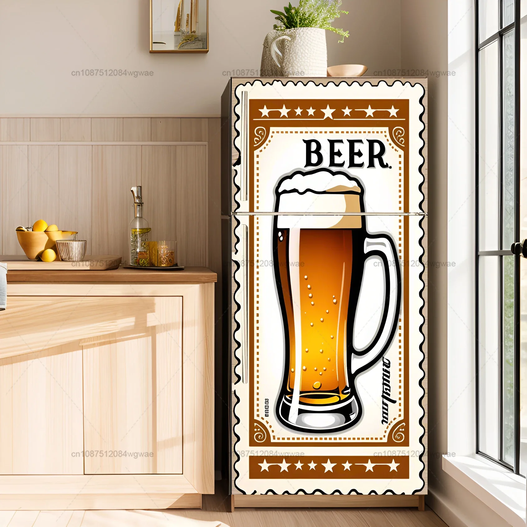Vintage Beer Refrigerator Stickers Waterproof Self-Adhesive Fridge Decals Removable Beer Mug Fridge Wrap for Kitchen Bar Decor