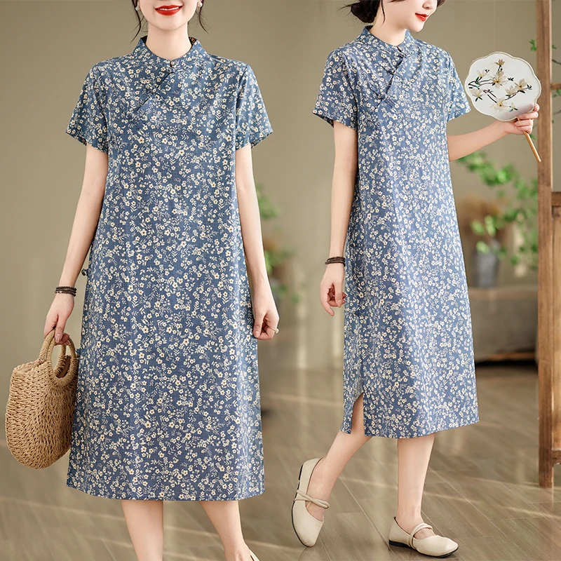 

Retro Chinese Style Modified Midi Dress Pure Cotton Floral Print Artistic Loose Fit Women's Clothing Summer 2024