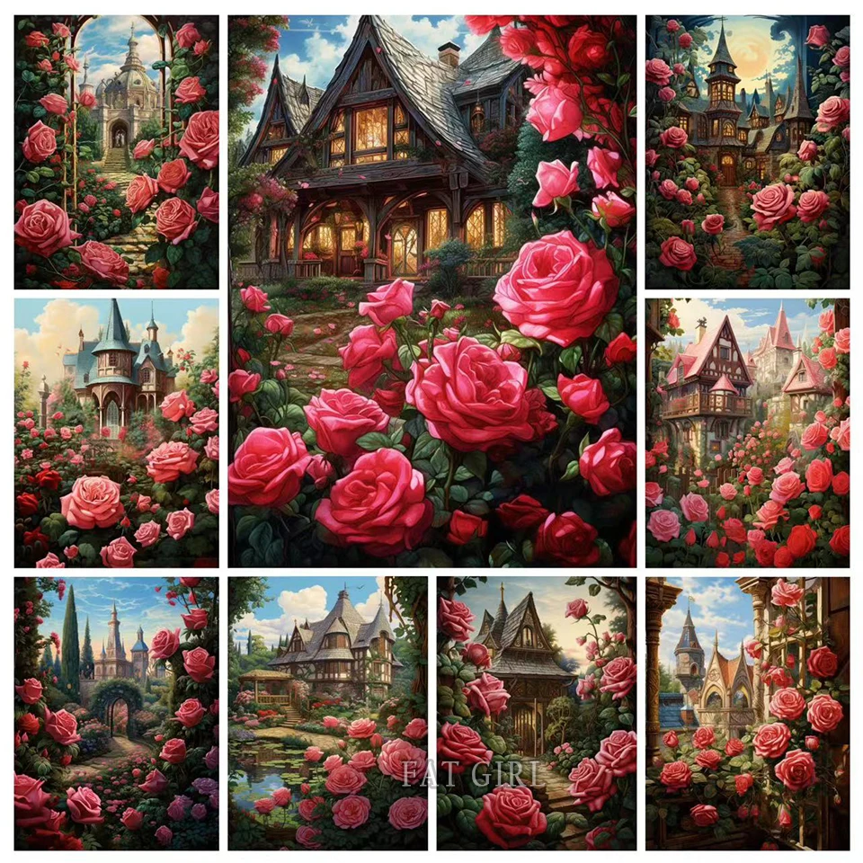 5D Diamond Painting Kit Rose Manor Full Square Round Diy diamond Embroidery Mosaic Castle Landscape Handmade Home Decoration B21