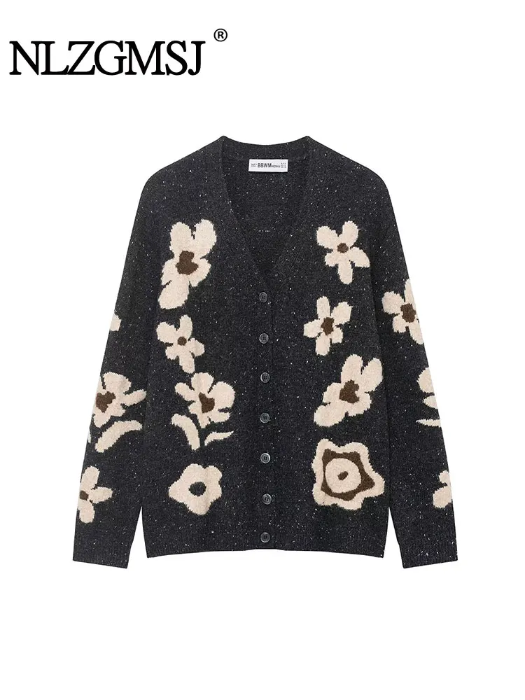 

NLZGMSJ Autumn Casual Chic Women Cardigan Long Sleeve Flower Jacquard Knitting Cardigans Fashion Loose Sweater