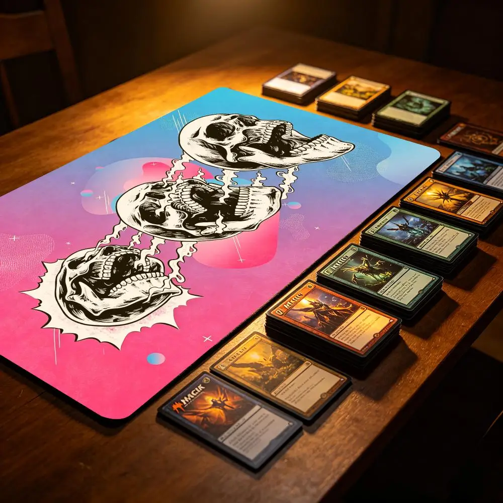 Retro Vaporwave Floating Skulls Playmat Pink Blue Gradient Pop Art Skeleton Smoke Anti‑Slip Rubber Table Mat TCG Trading Card