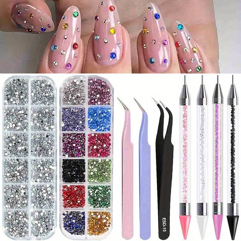 4Pcs Multi Size 3D Nail Art Rhinestones Glitter Crystal Gems DIY Nail Decorations Professional Manicure Nail Art Supplies
