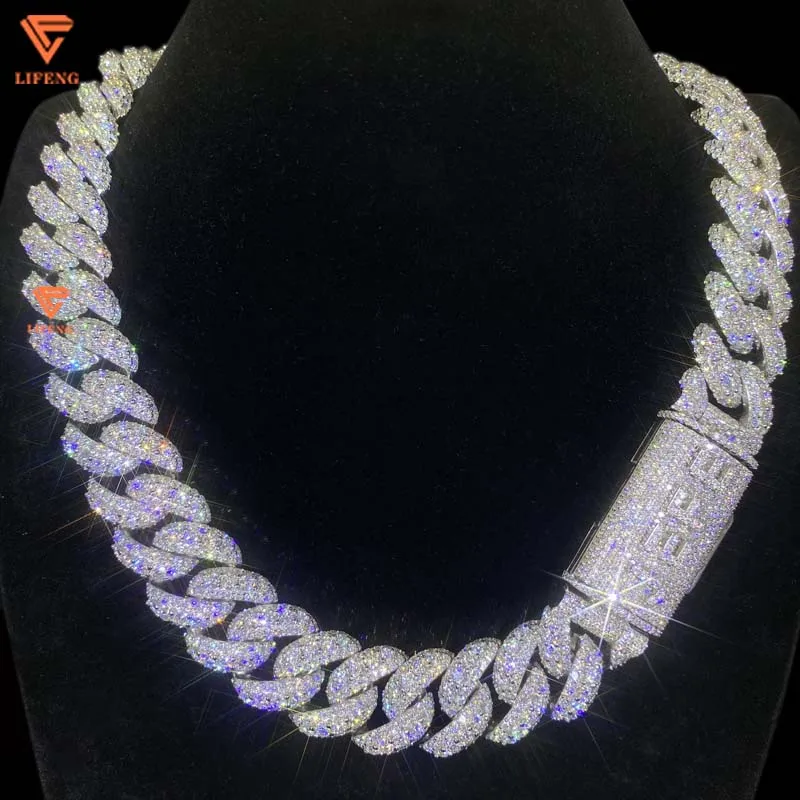 Lifeng Jewelry Custom 20mm Name Cuban Link Chain Iced out Miami HIphop Moissanite Sterling Silver 18k White gold Cuban Necklace