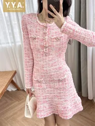 Elegant Slim Fit Office Ladies Pink Knitted Dress O-Neck Long Sleeve High Waist French Style Women A-Line Plaid Short Dresses