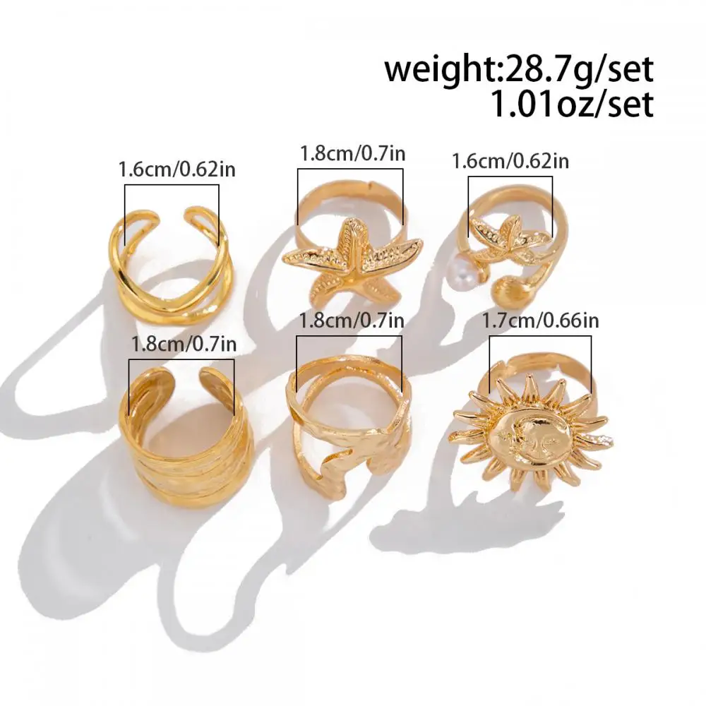 6Pcs/Set Vintage Sun Starfish Open Rings for Women Men Punk Irregular Pleated Pearl Ring Summer Holiday Personalized Jewelry image 6