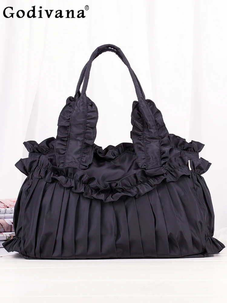 Fashion Casual Vintage Silk Cloth Women's Handbag Single Shoulder Bag Pleated Lace Large Capacity Tote Messenger Bag for Student