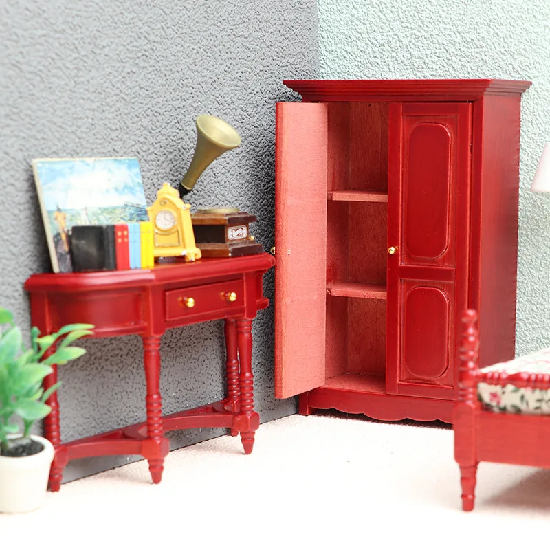 Simulation Furniture Model Mini Wood Bed Cabinet Table Set Bedroom Miniature Scene Decoration 1:12 Dollhouse Accessories