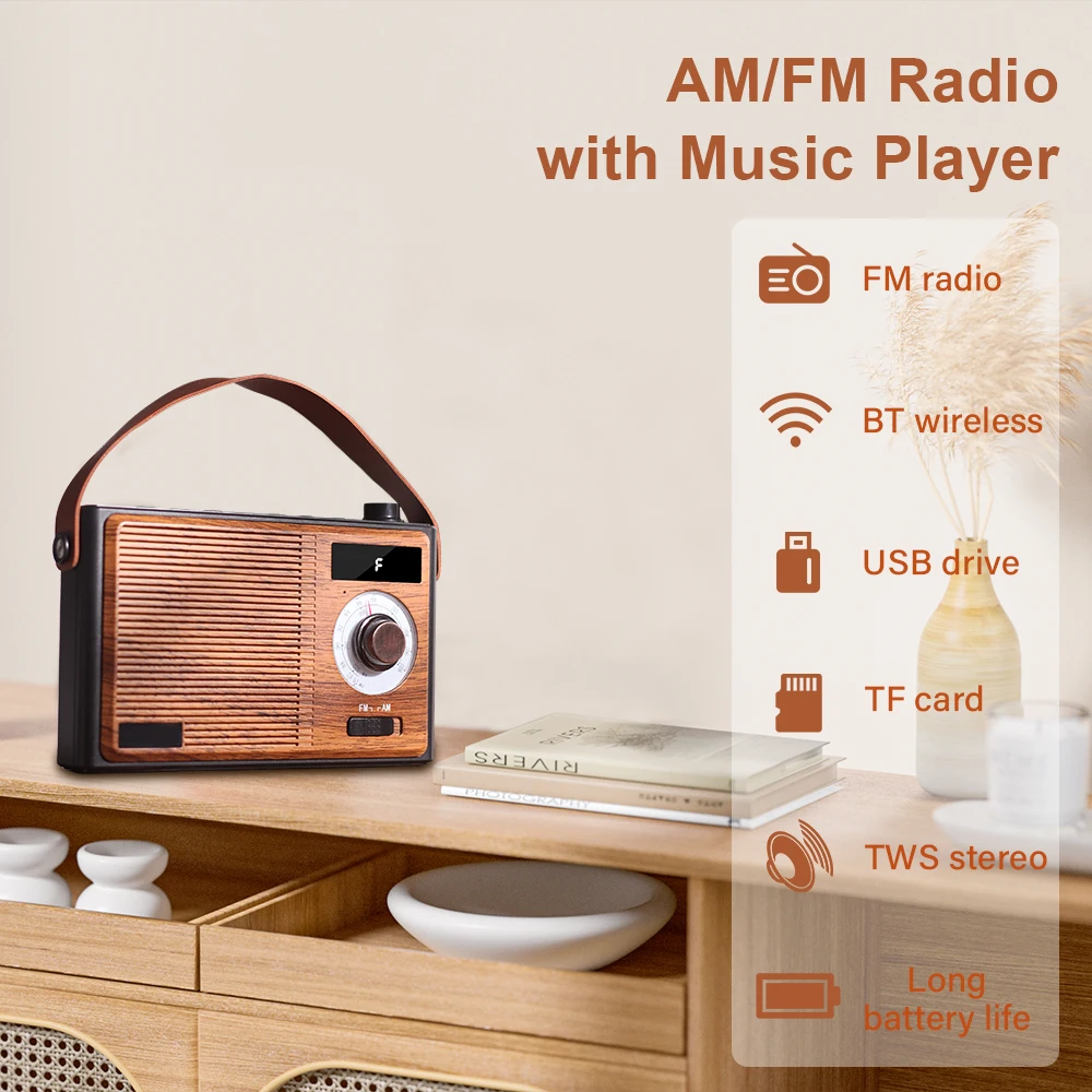 2025 工場直接レトロラジオバッテリー駆動 Am Fm ポータブルラジオ Bluetooth スピーカー LED ディスプレイ付き