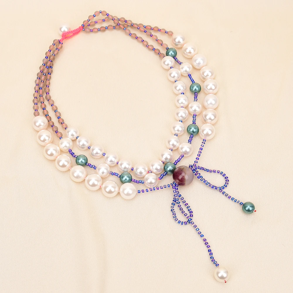 APDGG A09 Handmade 3 Rows Natural Mix Stone Shell Agate Multi Strands Necklace