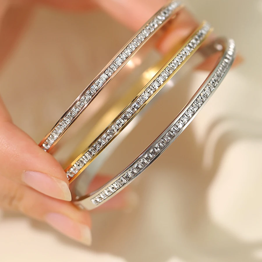 1PC 60mm Luxury Women Hand Smooth Bangle Silver Gold Plated Premium Stainless Steel Cuff Rhinestone Crystal CZ Bracelet Jewelry