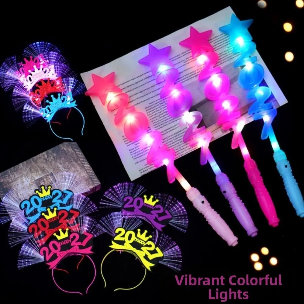 Sweet 2027 New Year Headband Glitter Star Strip Christmas Hair Hoop Optic Fiber Light Up Plastic Cartoon Holiday Hairbands