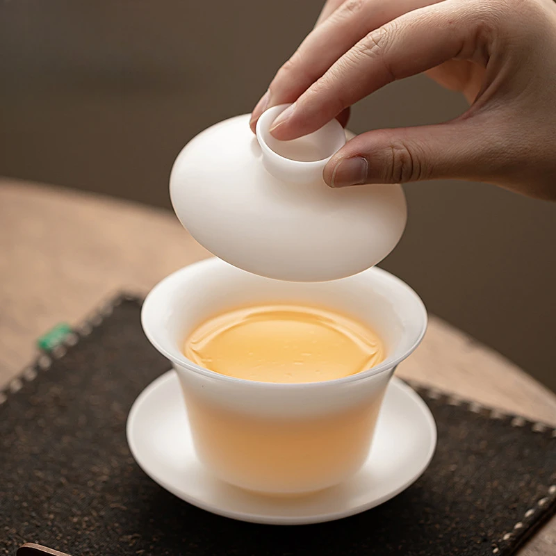150ml Burnt Mutton Fat Jade White Porcelain Gaiwan Japanese Tea Tureen Tea Cover Bowl Tea Ceremony Supplies Teaware Gift Box